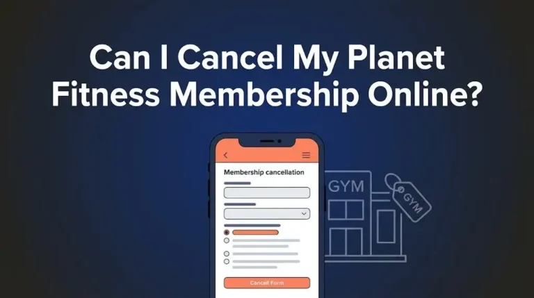 Guide showing how to cancel Planet Fitness membership online with phone and gym illustration