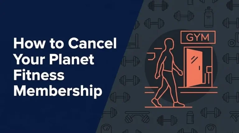 How to cancel your Planet Fitness membership guide banner with gym silhouette illustration on navy background