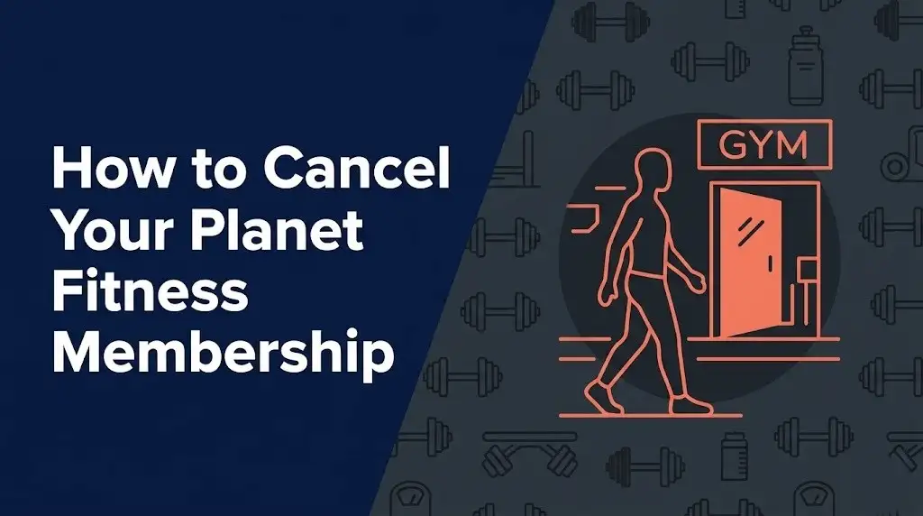 How to cancel your Planet Fitness membership guide banner with gym silhouette illustration on navy background