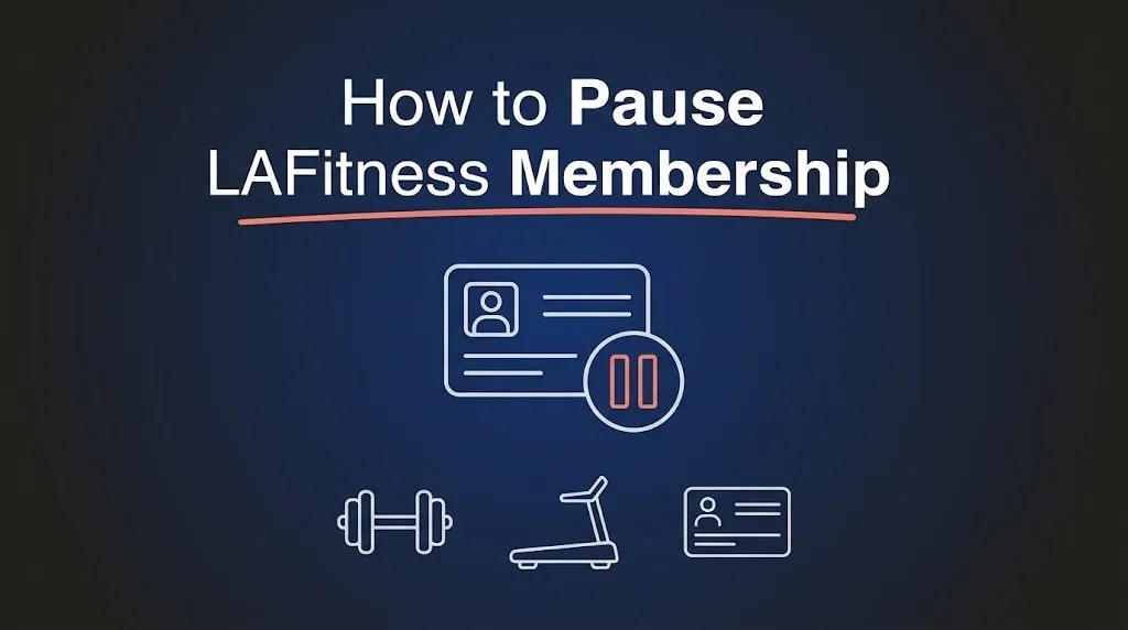 How to pause LA Fitness membership guide with gym icons and freeze symbol on dark background