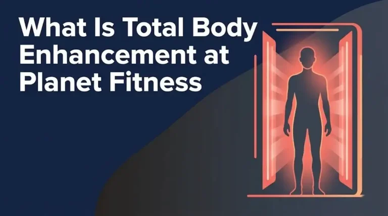 Illustrated guide to total body enhancement at Planet Fitness showing red light booth silhouette on navy background