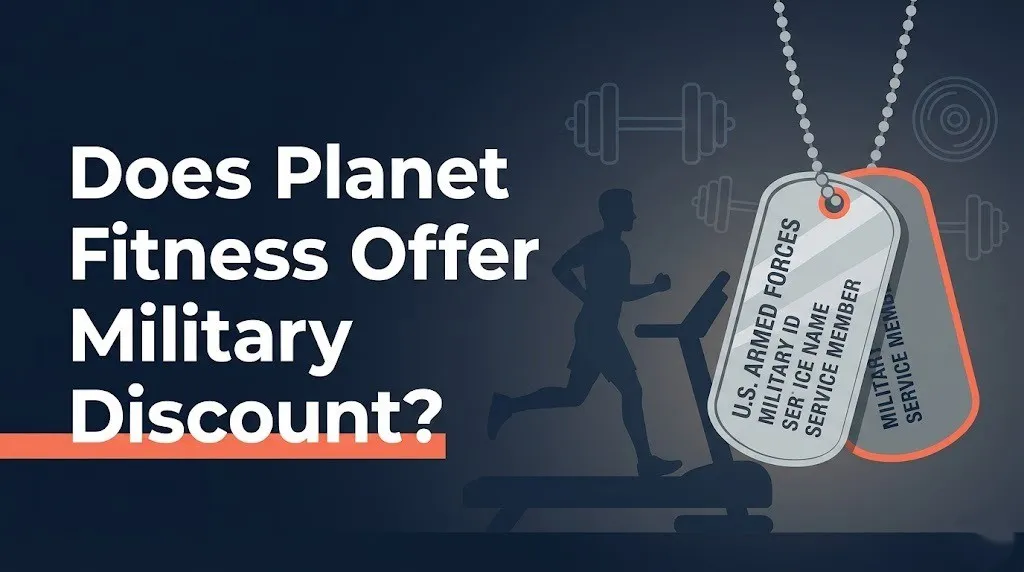 Infographic banner asking does planet fitness offer military discount with gym silhouette on dark navy background