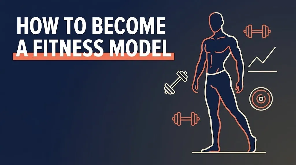 Fitness model career guide hero banner reading "How to Become a Fitness Model" with athletic silhouette on navy background.