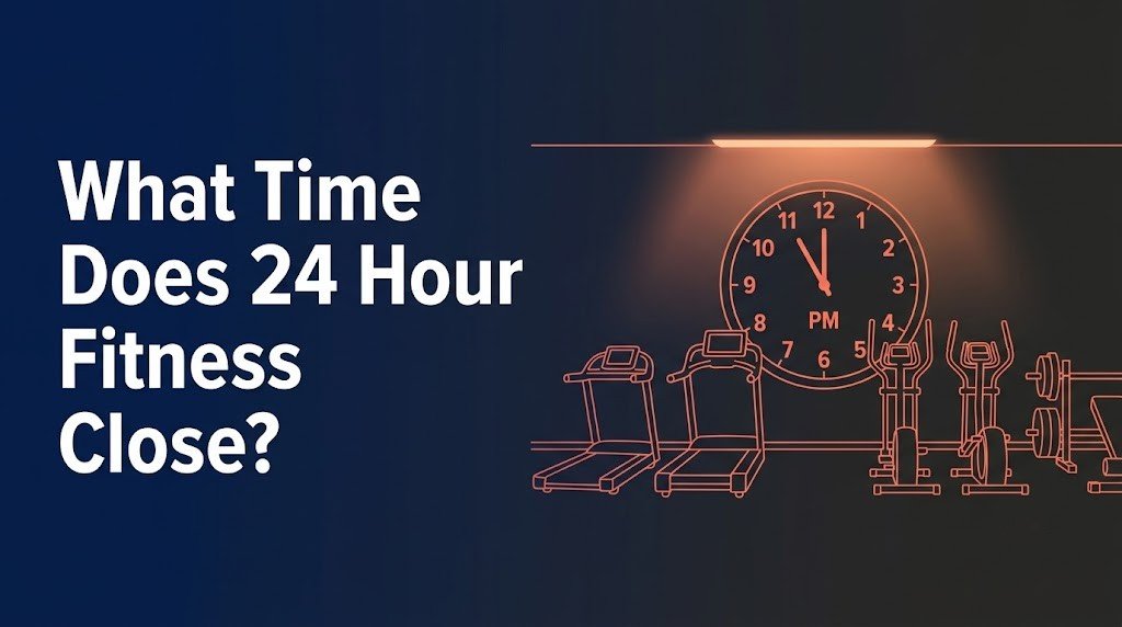 What time does 24 hour fitness close infographic with gym silhouette and clock showing closing time
