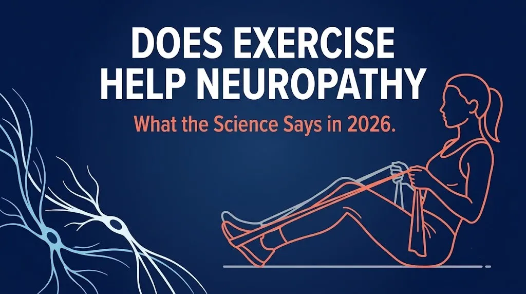 Illustrated hero banner showing exercise helping neuropathy with the headline "Does Exercise Help Neuropathy" in bold white text.
