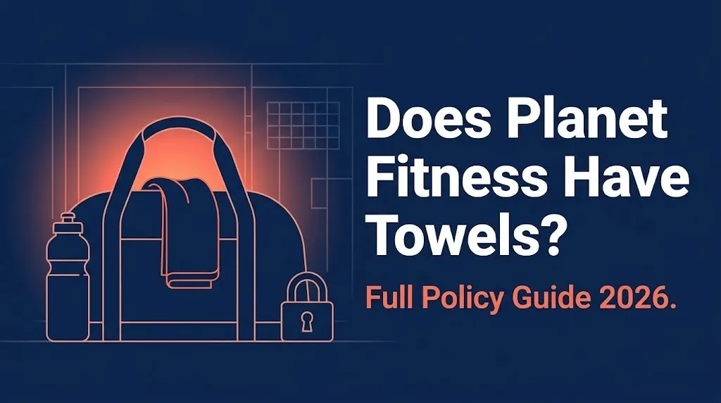 Illustrated gym bag with towel and policy guide text asking does planet fitness have towels, hero banner 2026