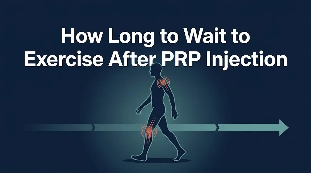 How long to wait to exercise after PRP injection guide with silhouette figure and knee and shoulder highlights