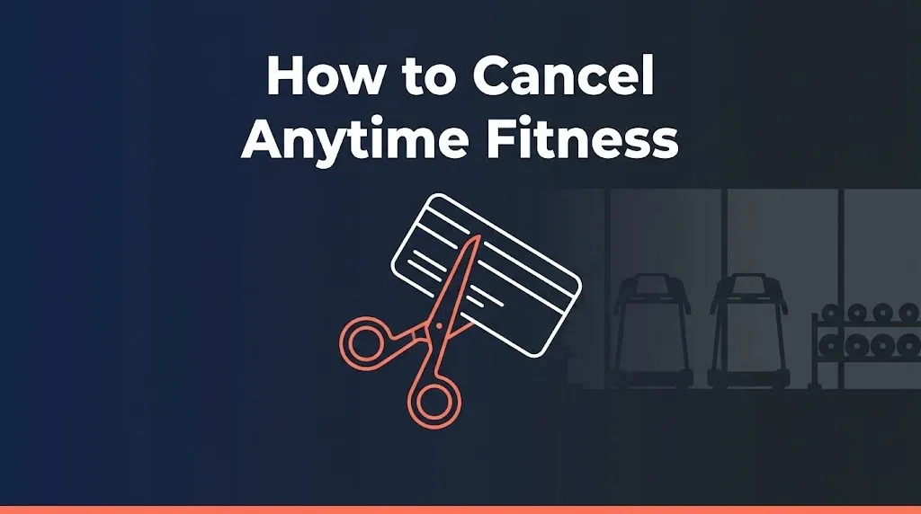How to cancel Anytime Fitness guide with illustrated gym membership card and scissors graphic