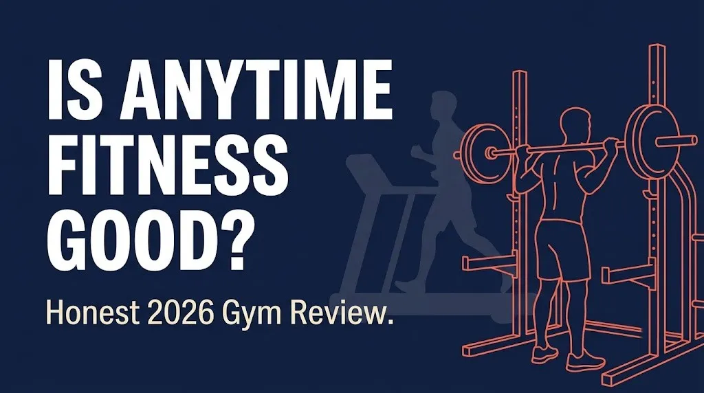 Is Anytime Fitness good gym review 2026 hero banner with silhouette lifting weights on navy background