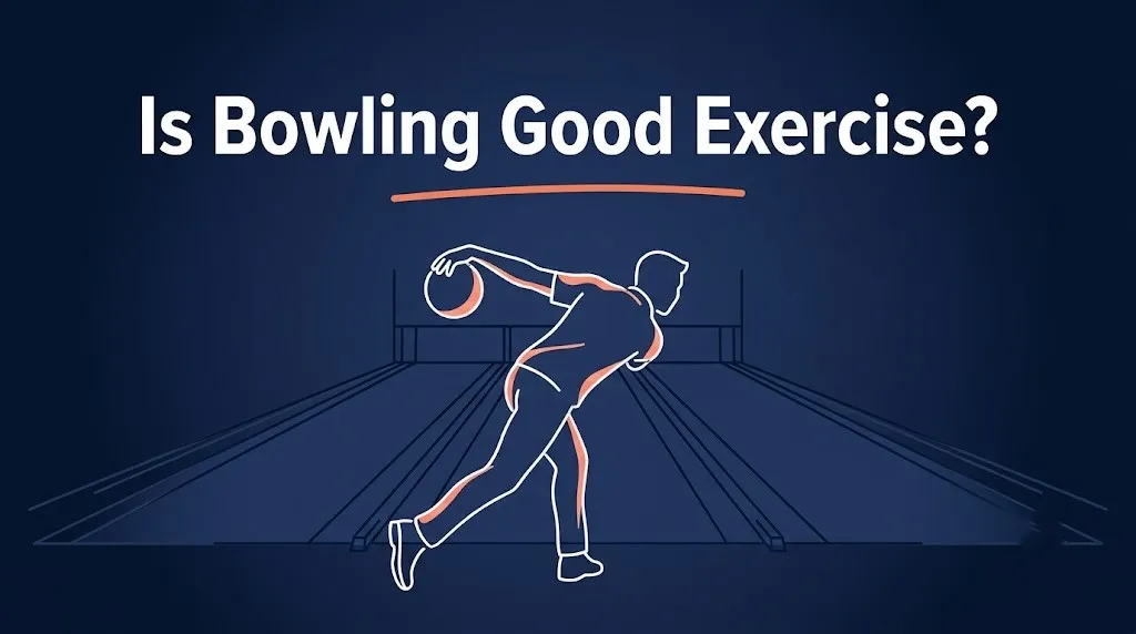 Illustration of a bowler mid-delivery with headline text "Is Bowling Good Exercise?" on a navy blue fitness editorial banner.