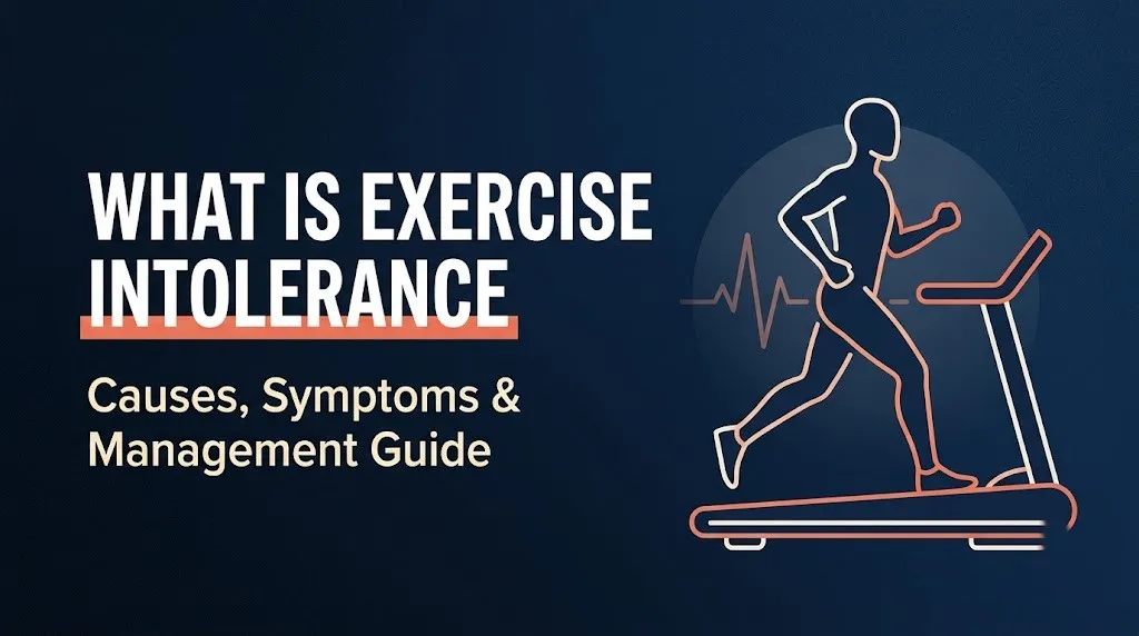 What is exercise intolerance infographic banner showing silhouette figure with heart rate monitor line and symptoms guide
