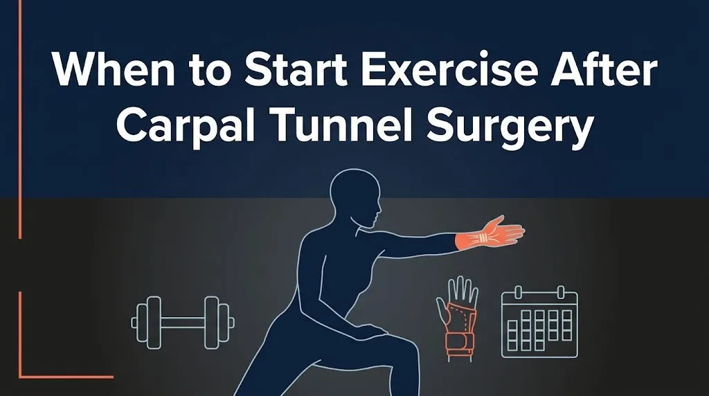 Infographic banner showing when to start exercise after carpal tunnel surgery with illustrated silhouette and recovery timeline design.