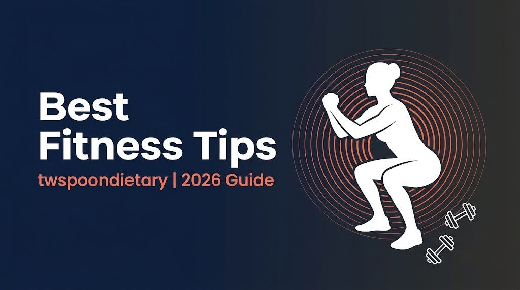 Best fitness tips twspoondietary 2026 guide banner with squat silhouette on navy blue background