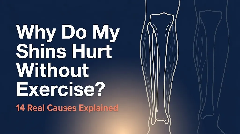 Illustrated hero banner showing shin anatomy with text "Why Do My Shins Hurt Without Exercise?" on navy background