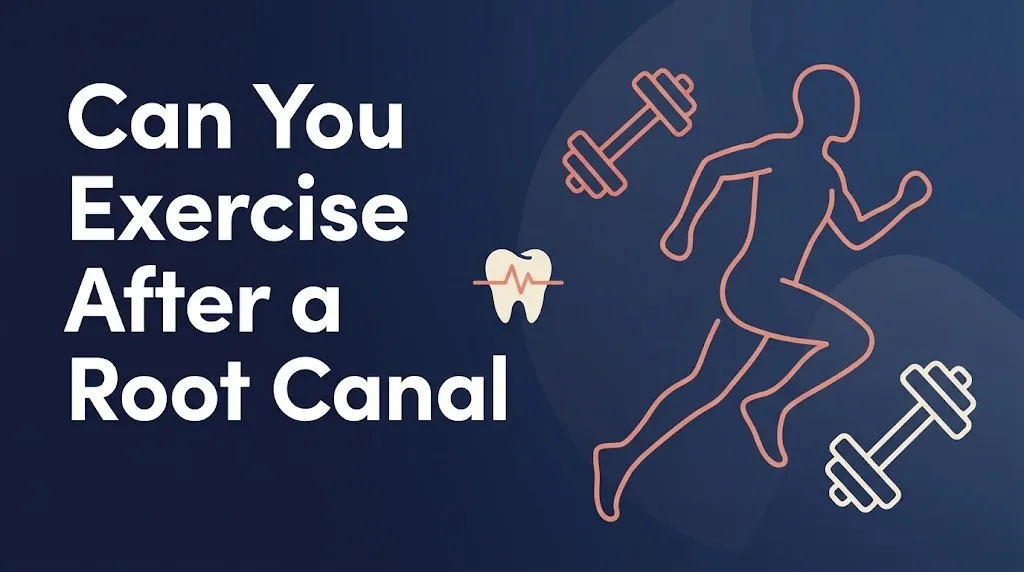 Can you exercise after a root canal hero banner with fitness silhouettes and dental icon on navy background
